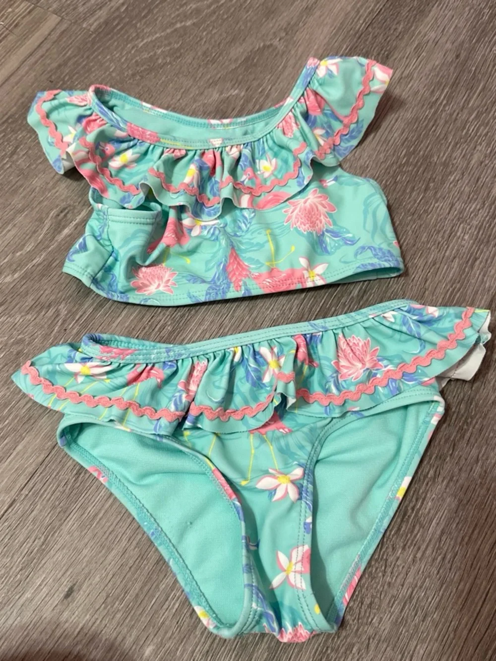 Tommy Bahama Girls Aqua Floral Ruffle Two-Piece Swimsuit